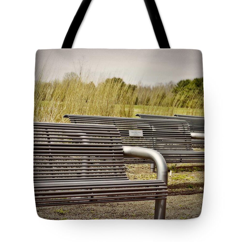 The Garden Of Reflection Tote Bag featuring the photograph The Benches by Tom Gari Gallery-Three-Photography