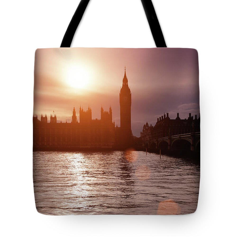 Clock Tower Tote Bag featuring the photograph The Big Ben At Sunset by Mammuth