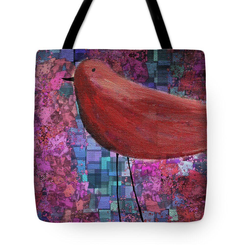 Red Tote Bag featuring the painting The Bird - 23a01a by Variance Collections