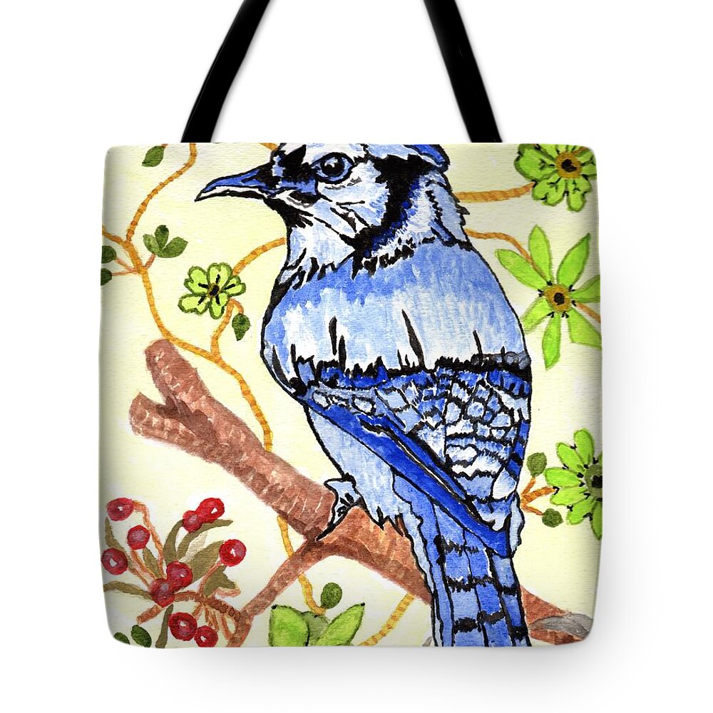 Bluejay Painting Tote Bag featuring the painting The Bird In My Yard by Connie Valasco