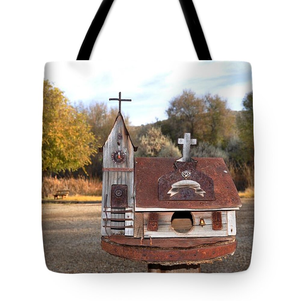 Melba; Idaho; Birdhouse; Shelter; Outdoor; Fall; Autumn; Leaves; Plant; Vegetation; Land; Landscape; Tree; Branch; House; Cross; Tote Bag featuring the photograph The Birdhouse Kingdom - The Barn Swallow by Image Takers Photography LLC