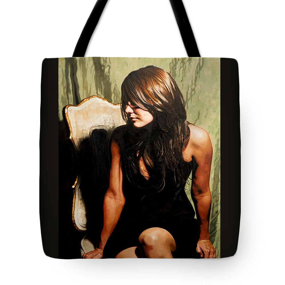 Woman Sitting Tote Bag featuring the painting The Black Dress by Patrick Whelan