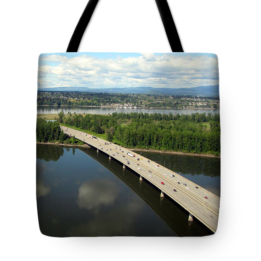 Landscape Tote Bag featuring the photograph Oregon Bridge from Above by Bob Slitzan
