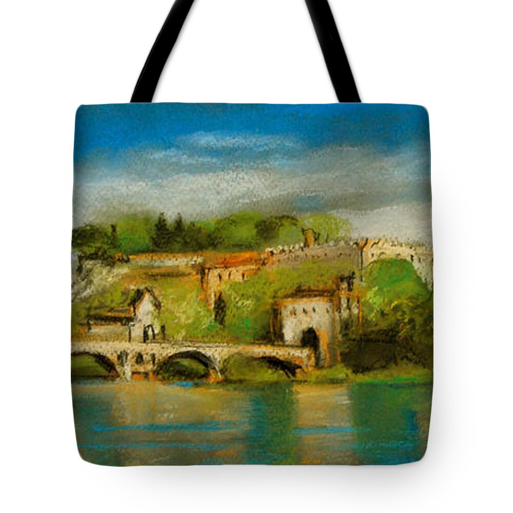 The Bridge Of Avignon Tote Bag featuring the pastel The Bridge Of Avignon by Mona Edulesco