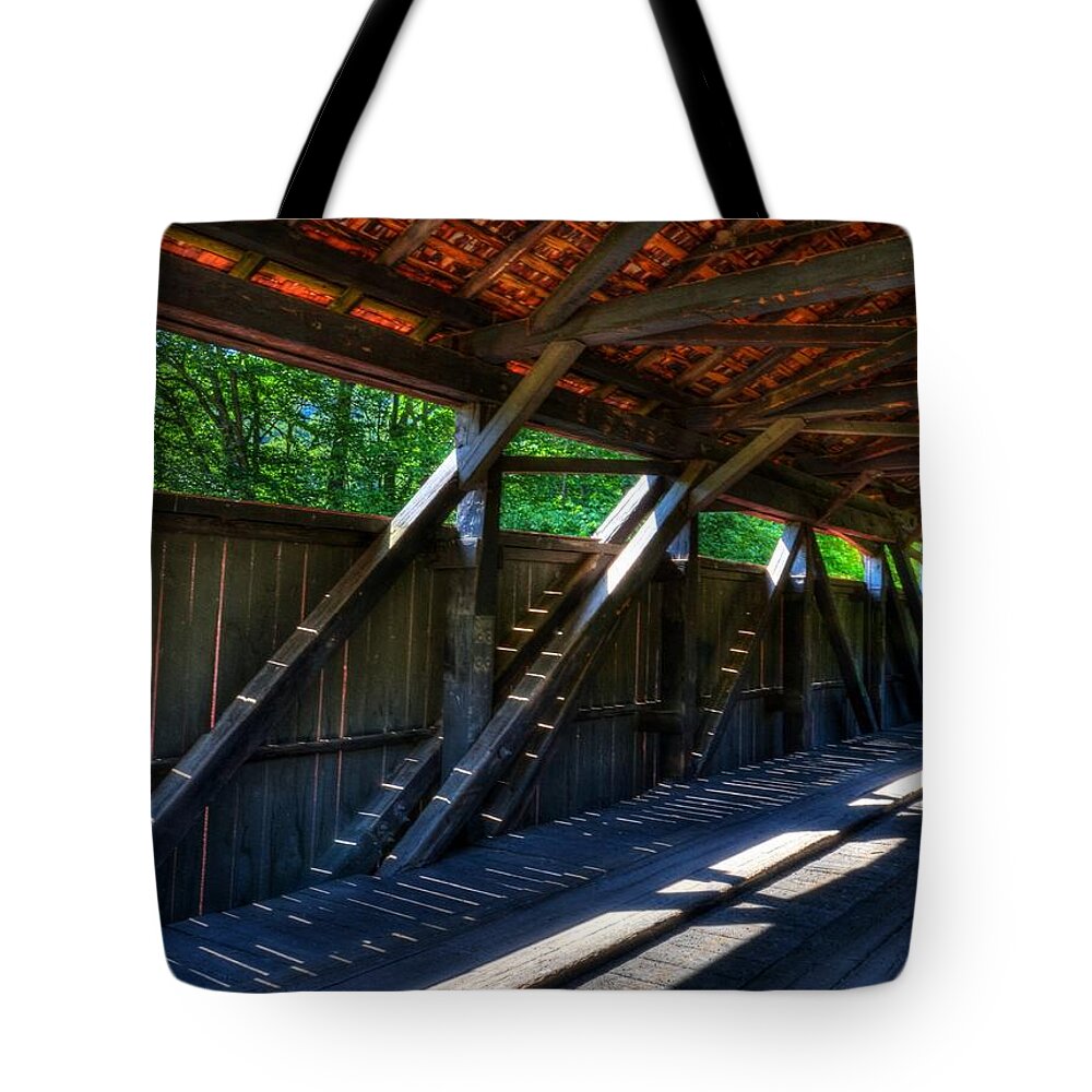 Covered Bridges Tote Bag featuring the photograph The Bridge Timbers by Mel Steinhauer