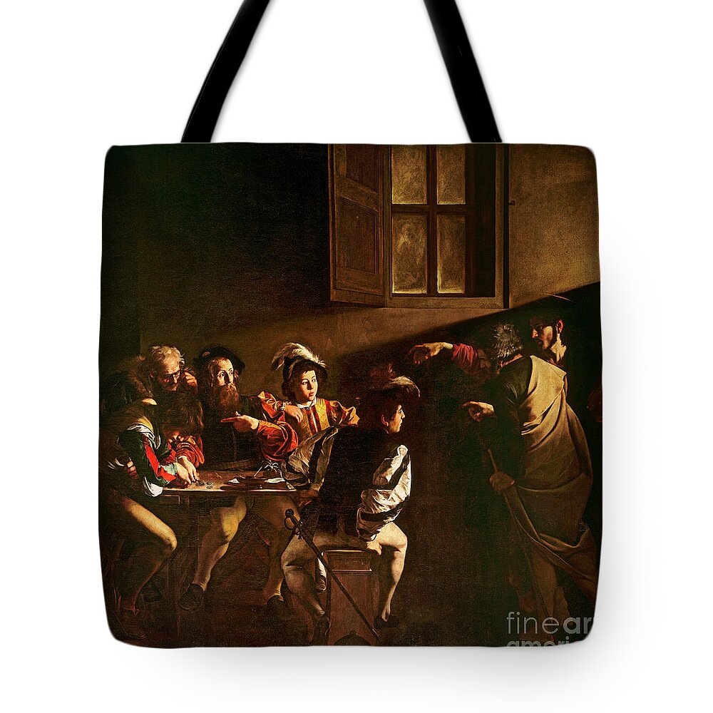 Chiaroscuro Tote Bag featuring the painting The Calling of St Matthew by Michelangelo Merisi o Amerighi da Caravaggio