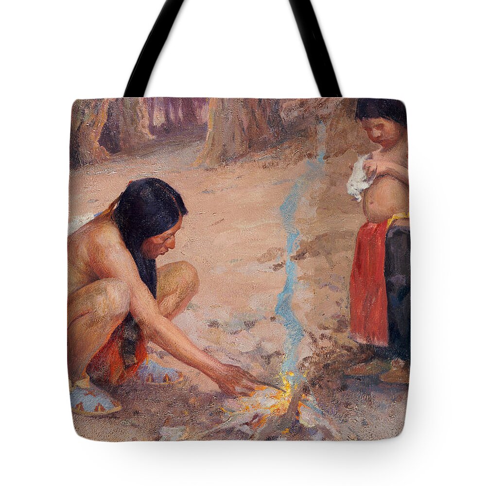 Indian Tote Bag featuring the painting The Campfire by EI Couse