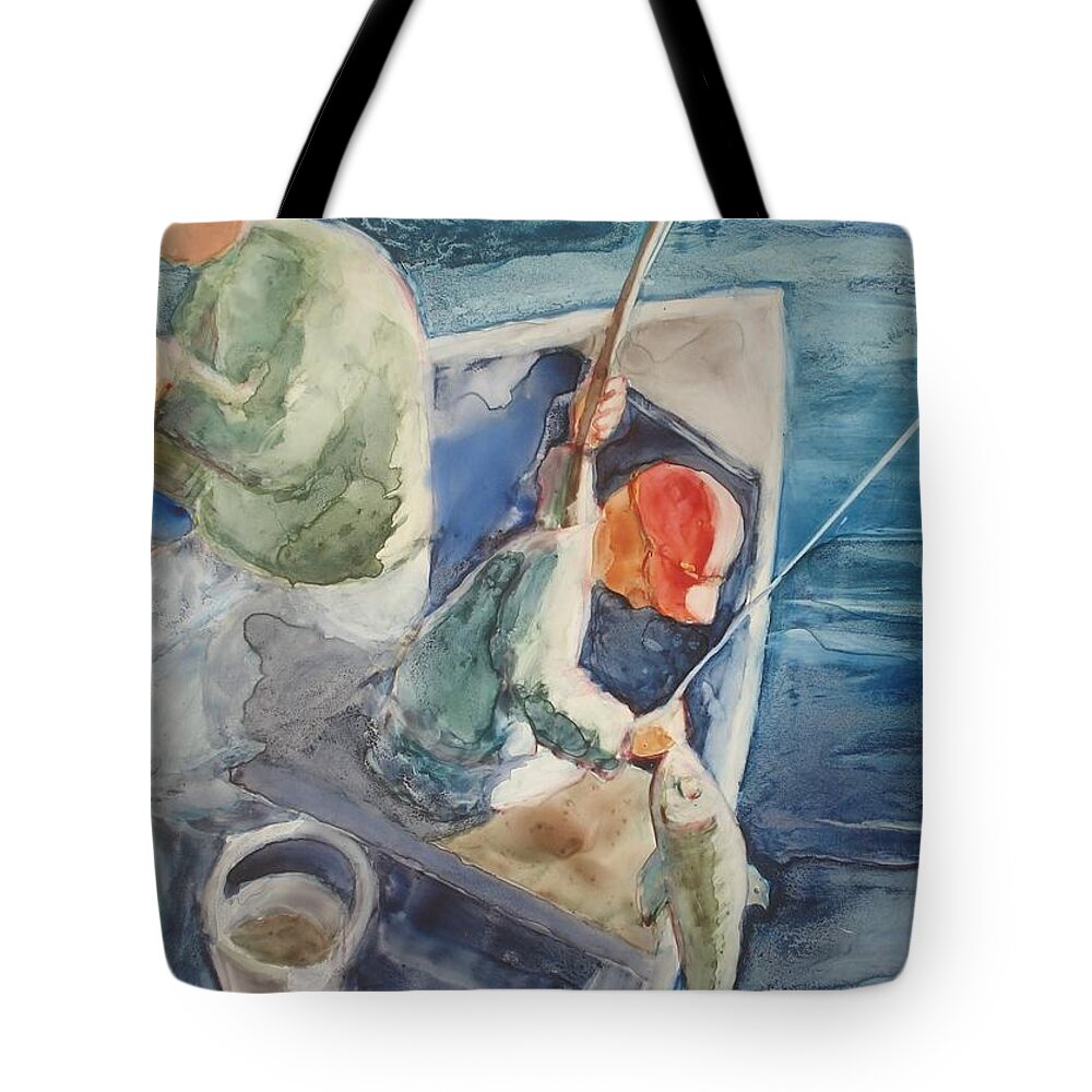 Boys Tote Bag featuring the painting The Catch by Marilyn Jacobson