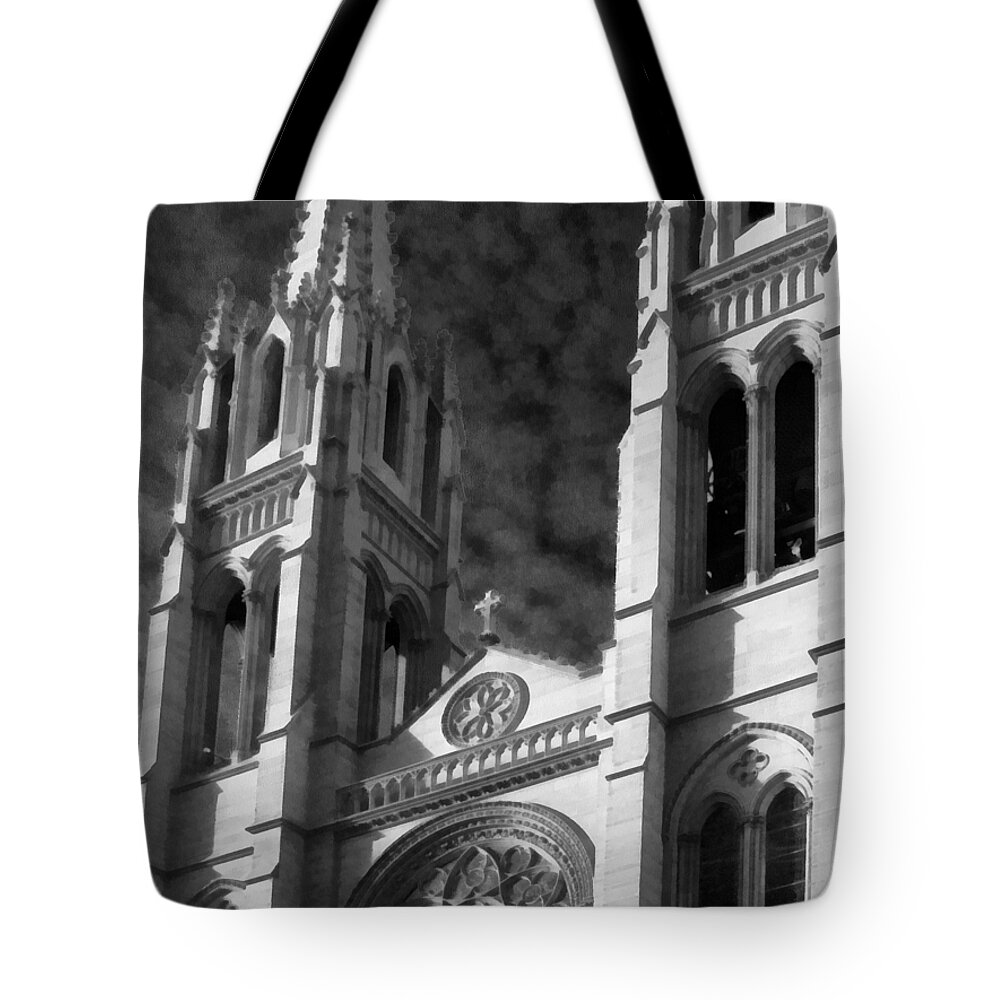 The Cathedral Basilica Of The Immaculate Conception Tote Bag featuring the photograph The Cathedral Basilica of the Immaculate Conception 5 BW by Angelina Tamez