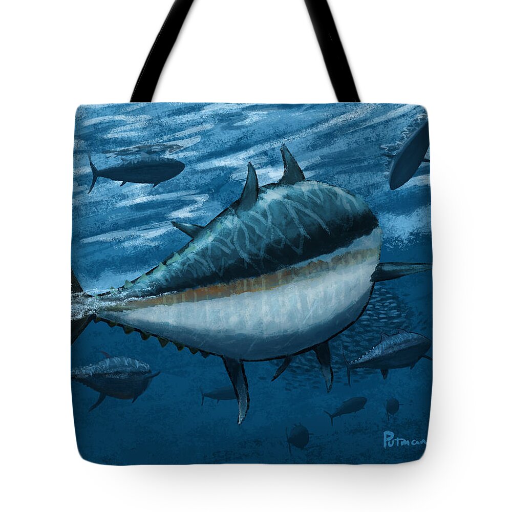 Tuna Tote Bag featuring the digital art The Chase by Kevin Putman