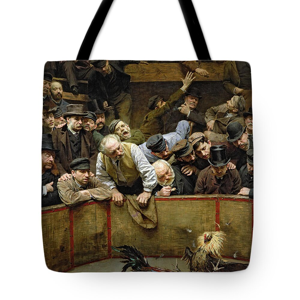 Rooster Tote Bag featuring the painting The Cockfight by Remy Cogghe