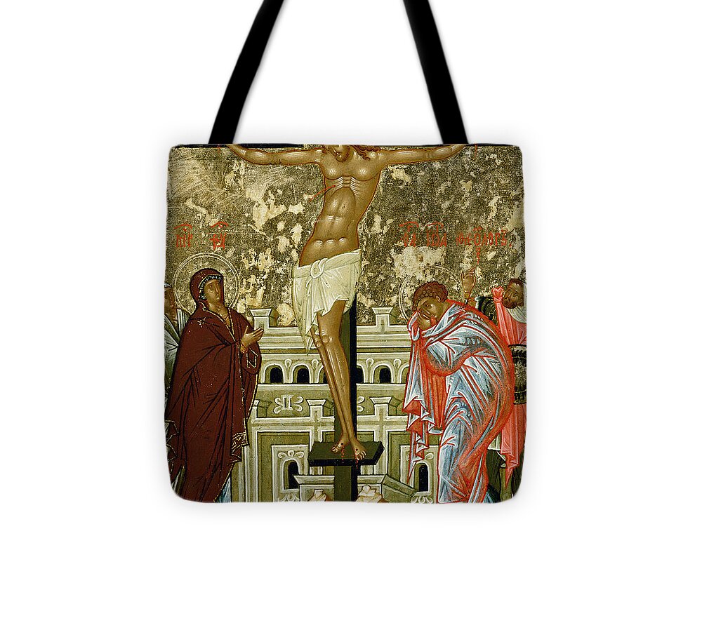 Stylised Skull Tote Bag featuring the painting The Crucifixion of Our Lord by Novgorod School
