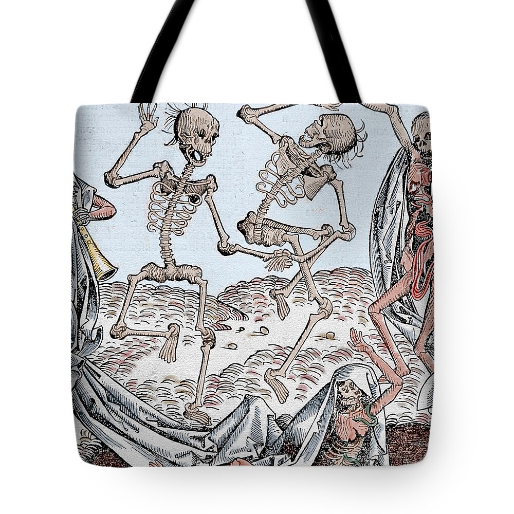 The Dance Of Death Tote Bag featuring the drawing The Dance of Death by Michael Wolgemut