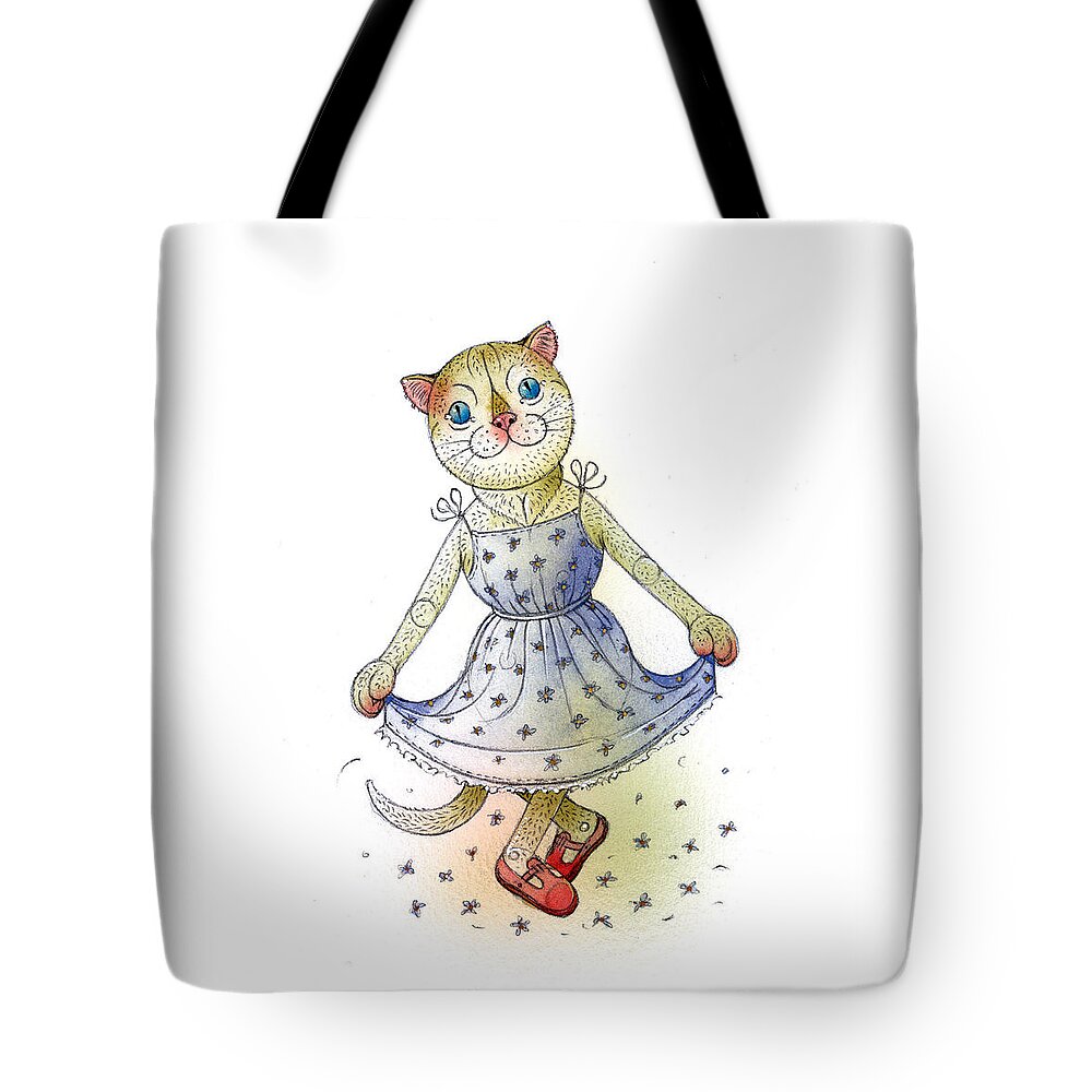 Cat Greeting Card Blue Flowers Tote Bag featuring the painting The Dream Cat 03 by Kestutis Kasparavicius