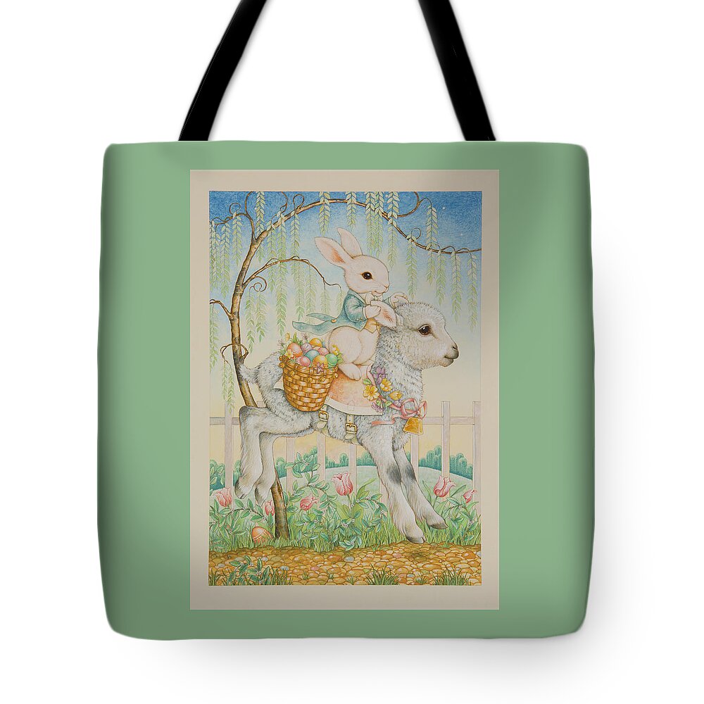 Easter Card Tote Bag featuring the painting The Easter Bunny is Coming to Town by Lynn Bywaters