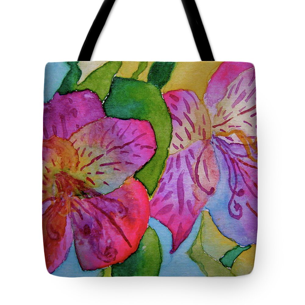 Alstroemeria Tote Bag featuring the painting The Electric Kool-Aid Alstroemeria Test by Beverley Harper Tinsley