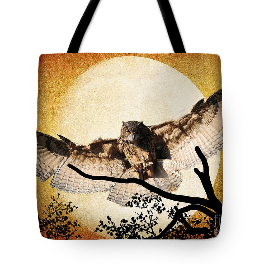 Textures Tote Bag featuring the photograph The Eurasian Eagle Owl And The Moon by Kathy Baccari