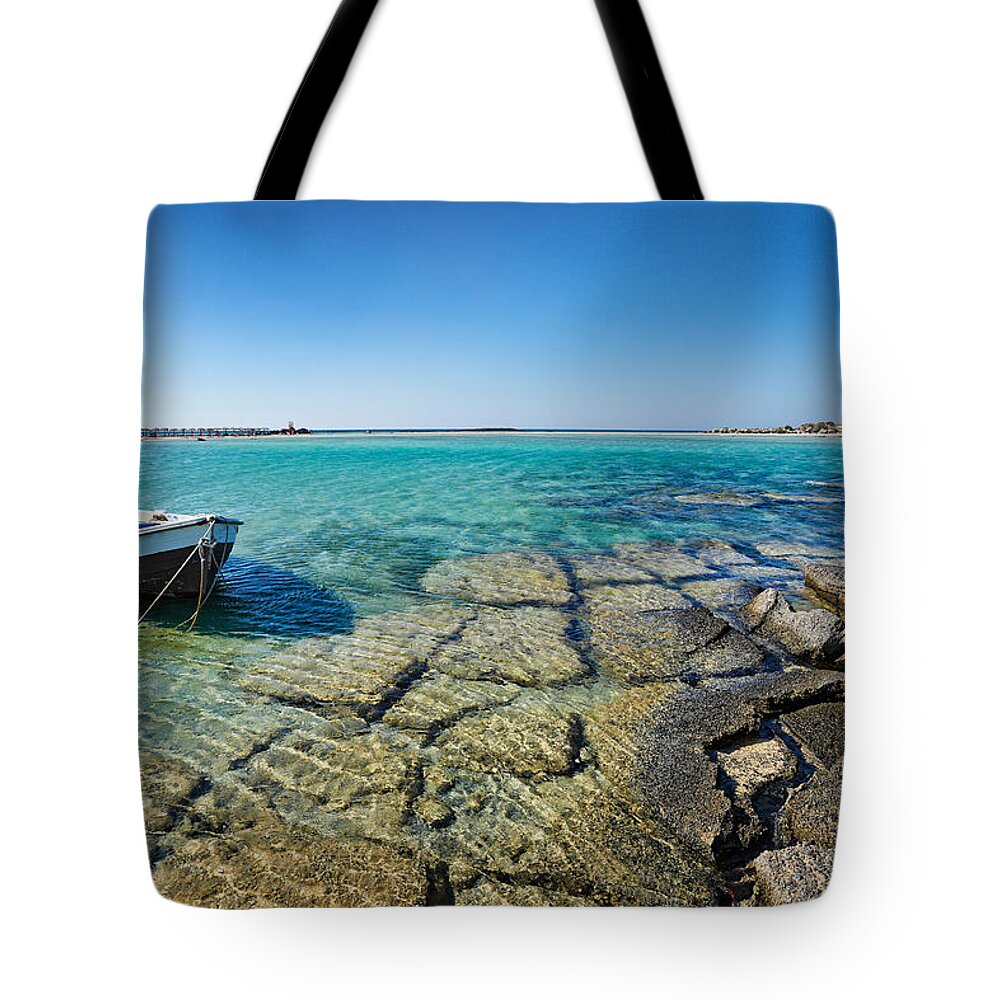 Aqua Tote Bag featuring the photograph The exotic Elafonissos in Crete - Greece by Constantinos Iliopoulos