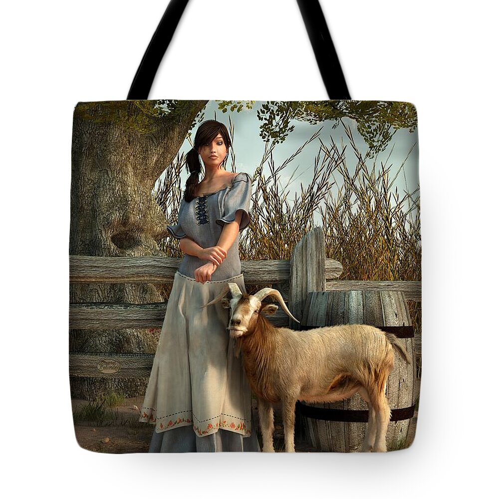 Goat Art Tote Bag featuring the digital art The Farmer's Daughter by Daniel Eskridge
