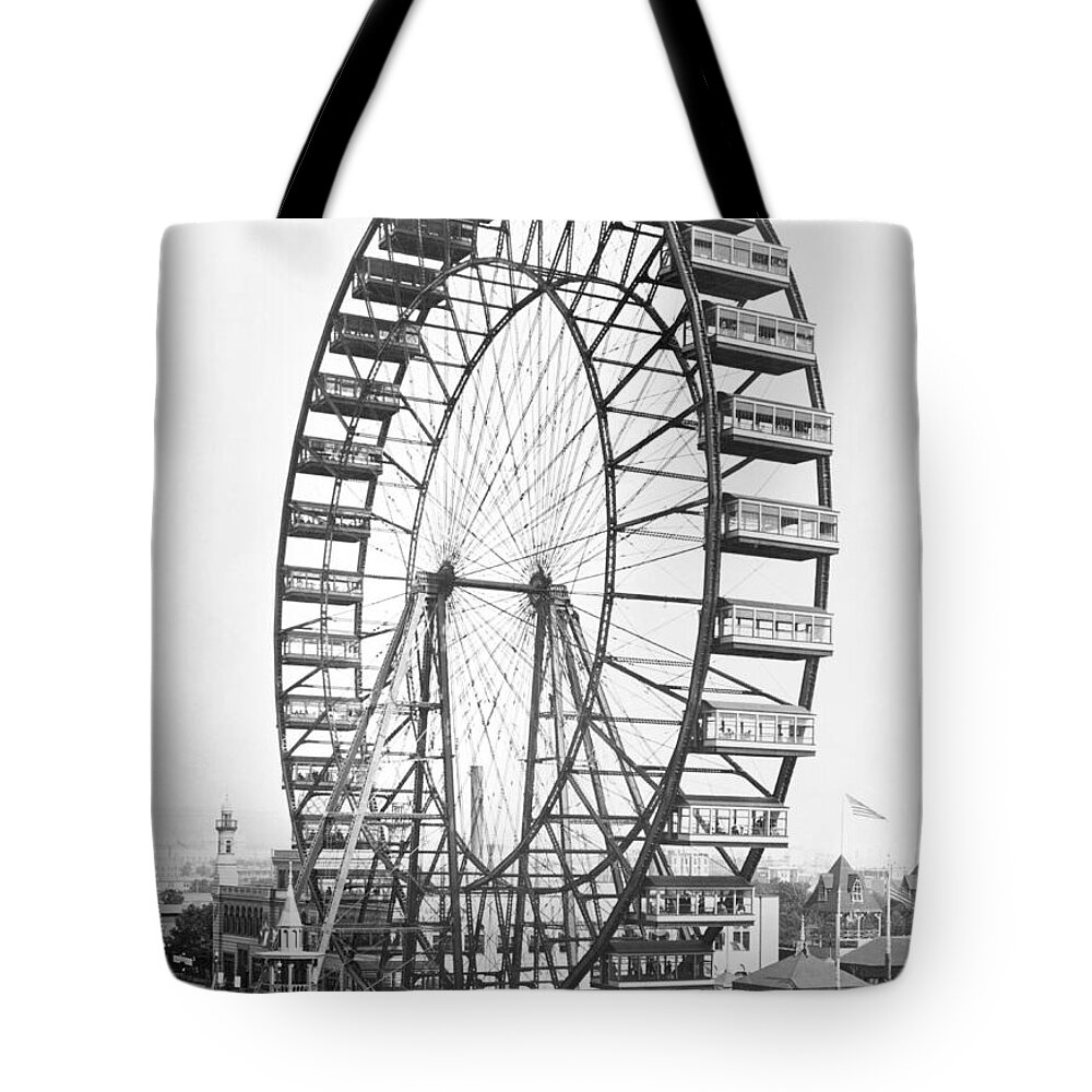 Fairground Tote Bag featuring the photograph The Ferris Wheel At The Worlds Columbian Exposition Of 1893 In Chicago Bw Photo by American Photographer