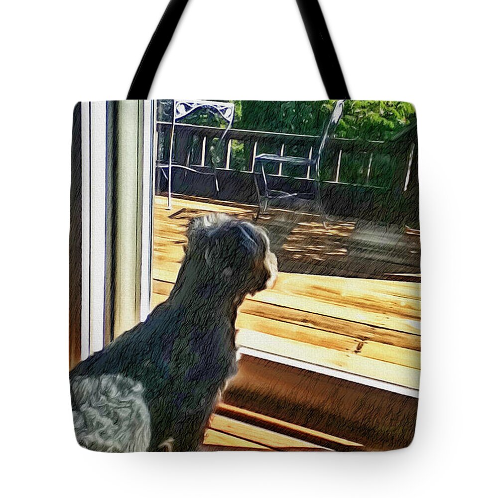 Dog Watching Tote Bag featuring the painting The Fluffy Watcher by Withintensity Touch