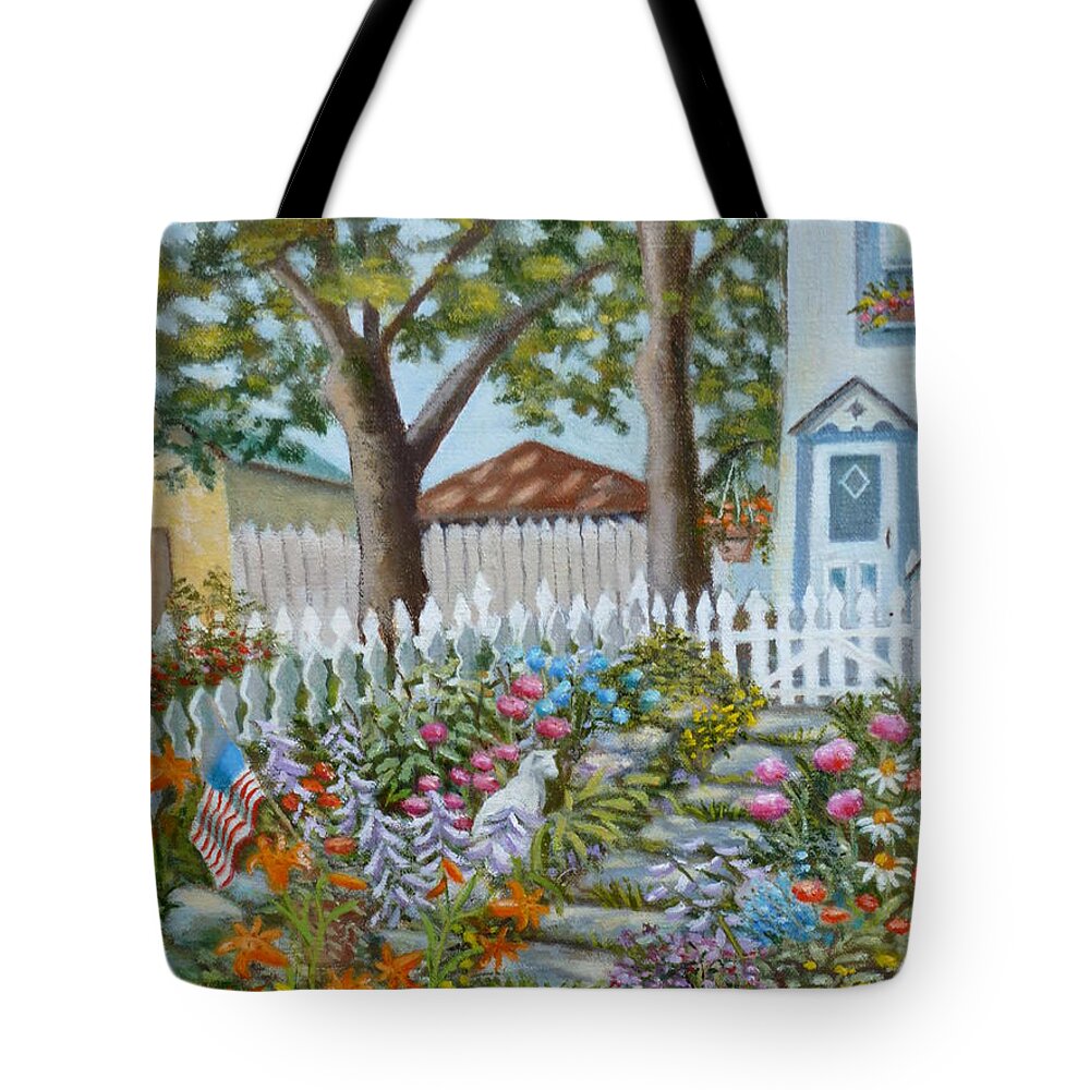 White Cat Tote Bag featuring the painting The Garden Of Indiscrimitive Plantings. by Madeline Lovallo