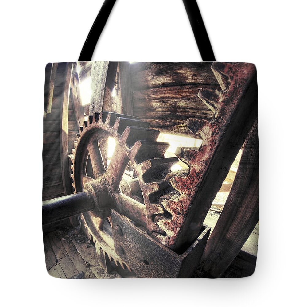 Falling Spring Mill Tote Bag featuring the photograph The Gears of Falling Spring Mill - Missouri - Steampunk by Jason Politte