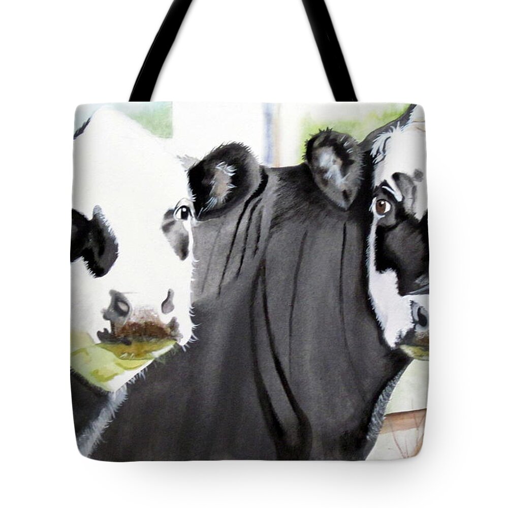 Cow Tote Bag featuring the painting The Girls Next Door to WVFC by Kimberly Walker