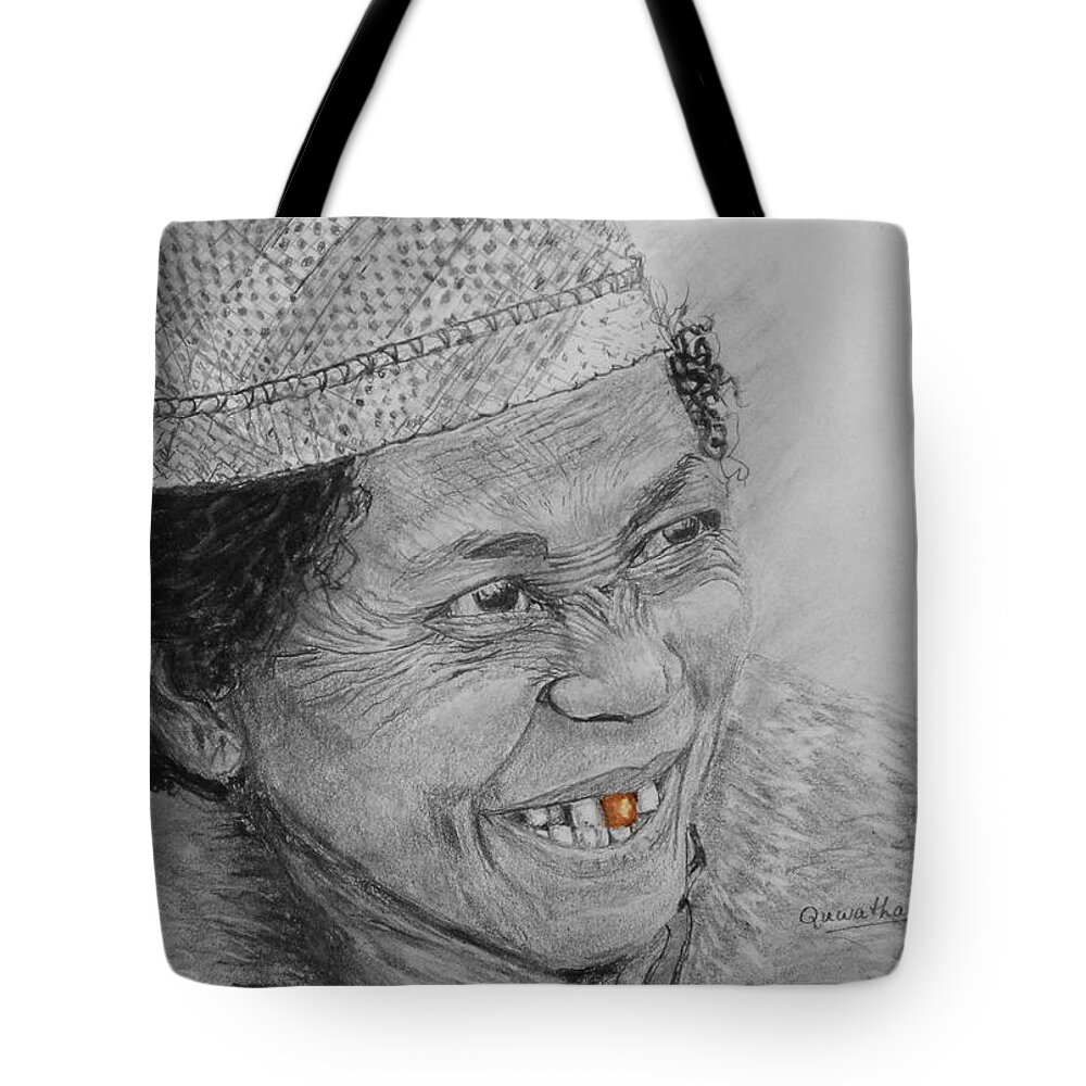 African Tote Bag featuring the drawing The Gold Tooth by Quwatha Valentine