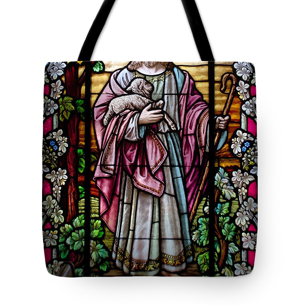 Stained Glass Window Tote Bag featuring the photograph The Good Shepherd by Larry Ward