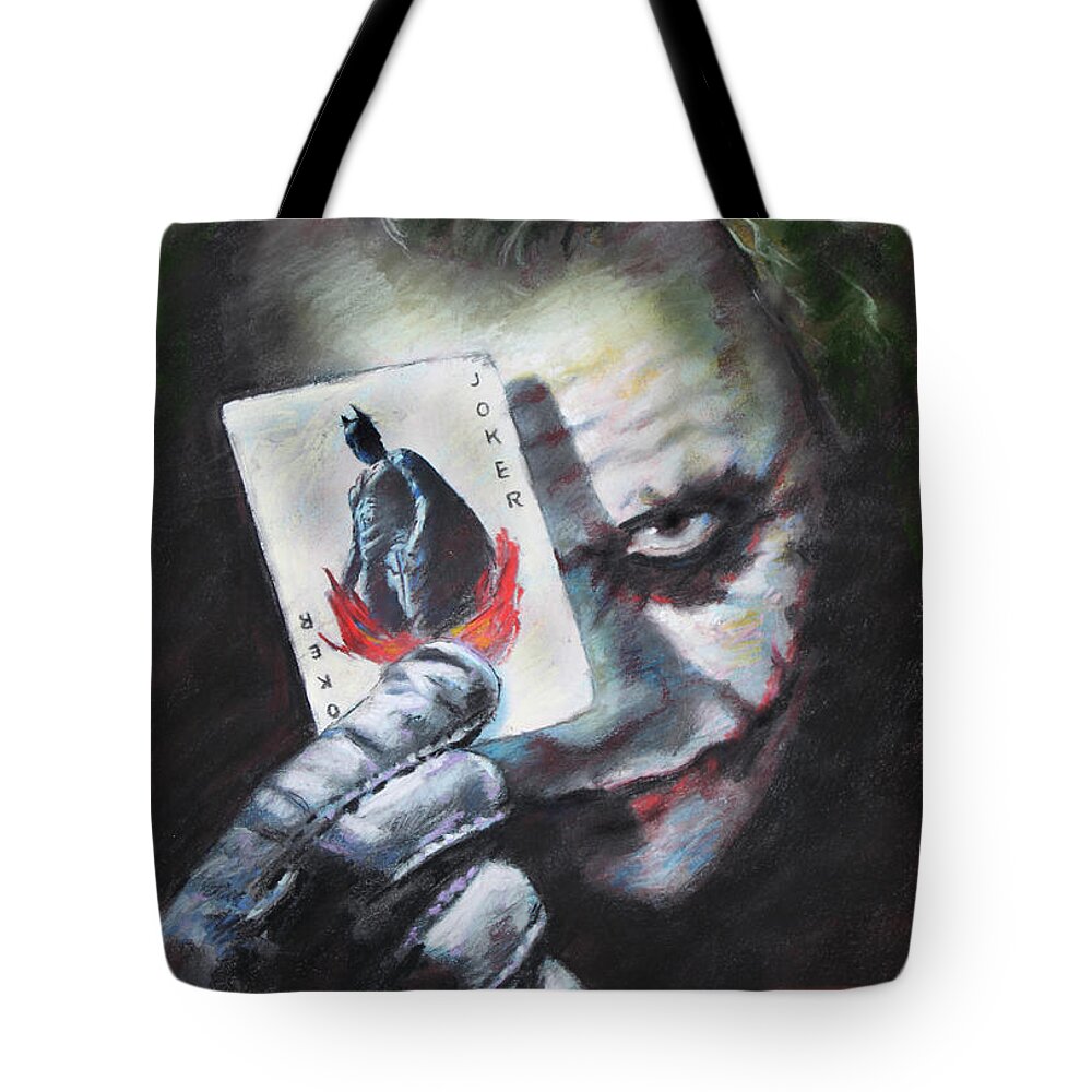 The Joker Heath Ledger Tote Bag featuring the drawing The Joker Heath Ledger by Viola El