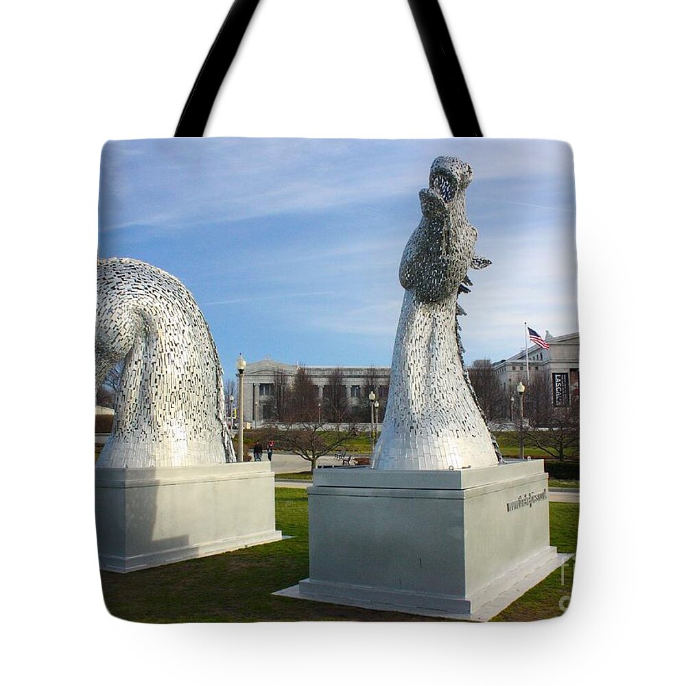 The Kelpies Tote Bag featuring the photograph The Kelpies with the Field Museum by Veronica Batterson