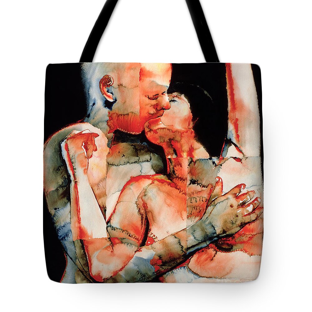 Kissing; Love; Lovers; Lover; Romance; Intimacy; Intimate; Couple; French; Erotic; Snog; Passionate; Atmospheric; Psychedelic; Passion; Lust Tote Bag featuring the painting The Kiss by Graham Dean