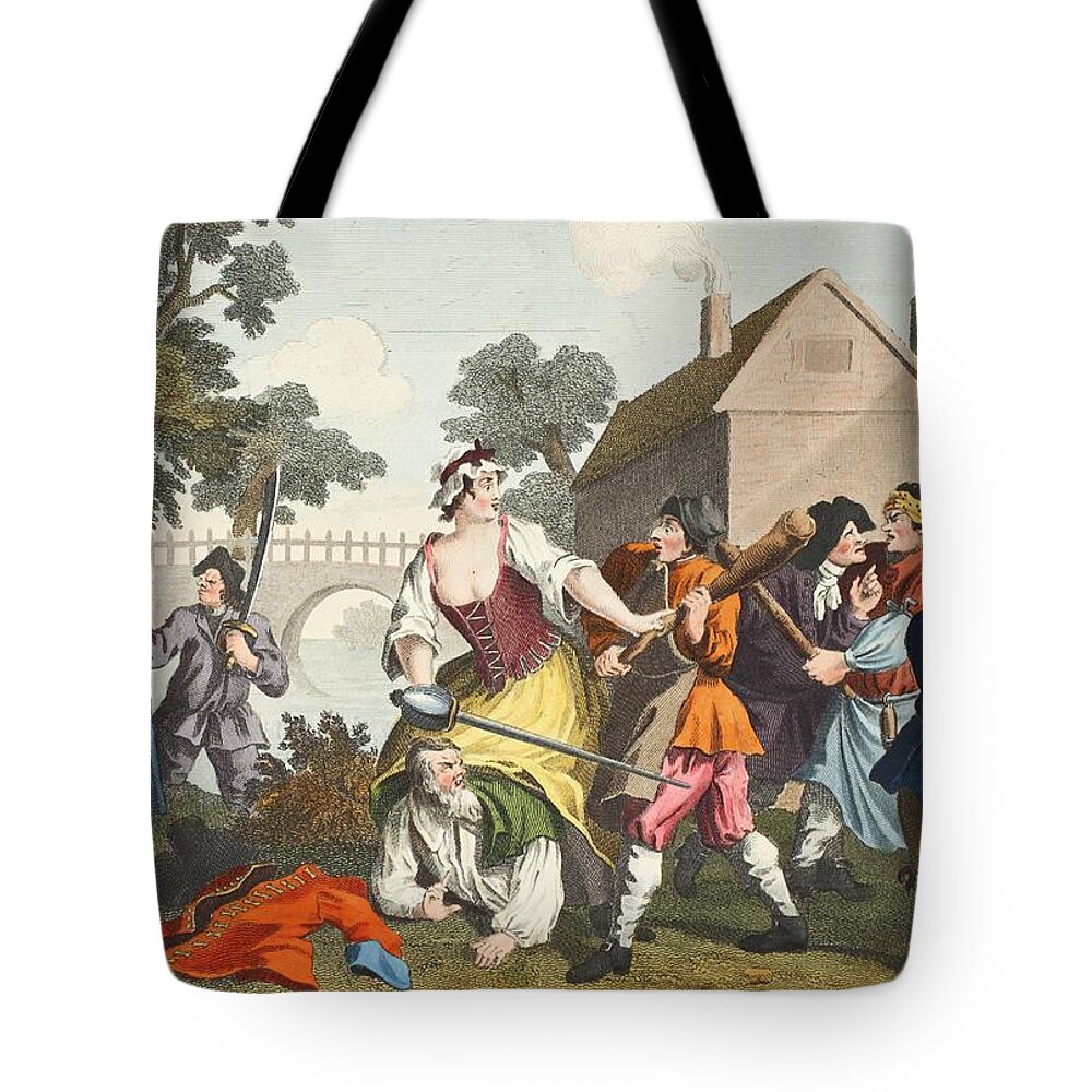Poem Tote Bag featuring the drawing The Knight Submits To Trulla by William Hogarth