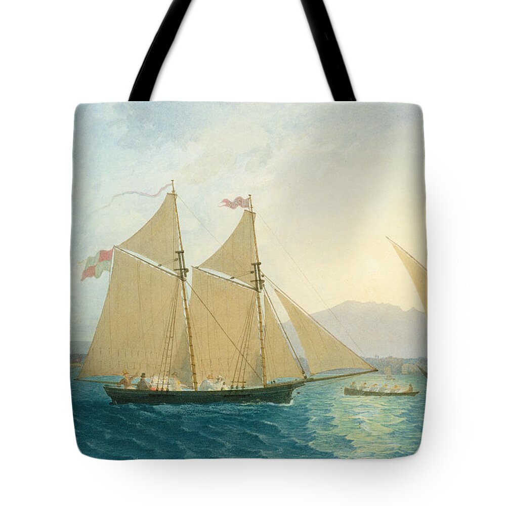 Boat; Boats; Sails; Sailing; Rowing; Flag; Yacht; Yachting; Boating; Mountains; Swiss City; Switzerland; Launching Tote Bag featuring the painting The Launch La Sociere on the Lake of Geneva by Francis Danby