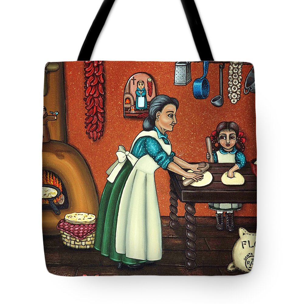 Folk Art Tote Bag featuring the painting The Lesson or Making Tortillas by Victoria De Almeida