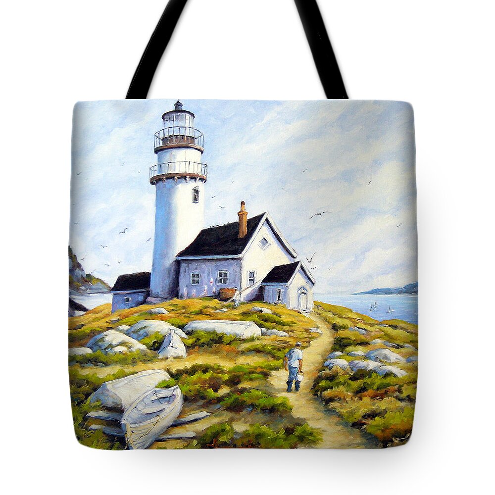 Fishing Boats; Fishermen; Bot Tote Bag featuring the painting The Lighthouse Keeper by Richard T Pranke