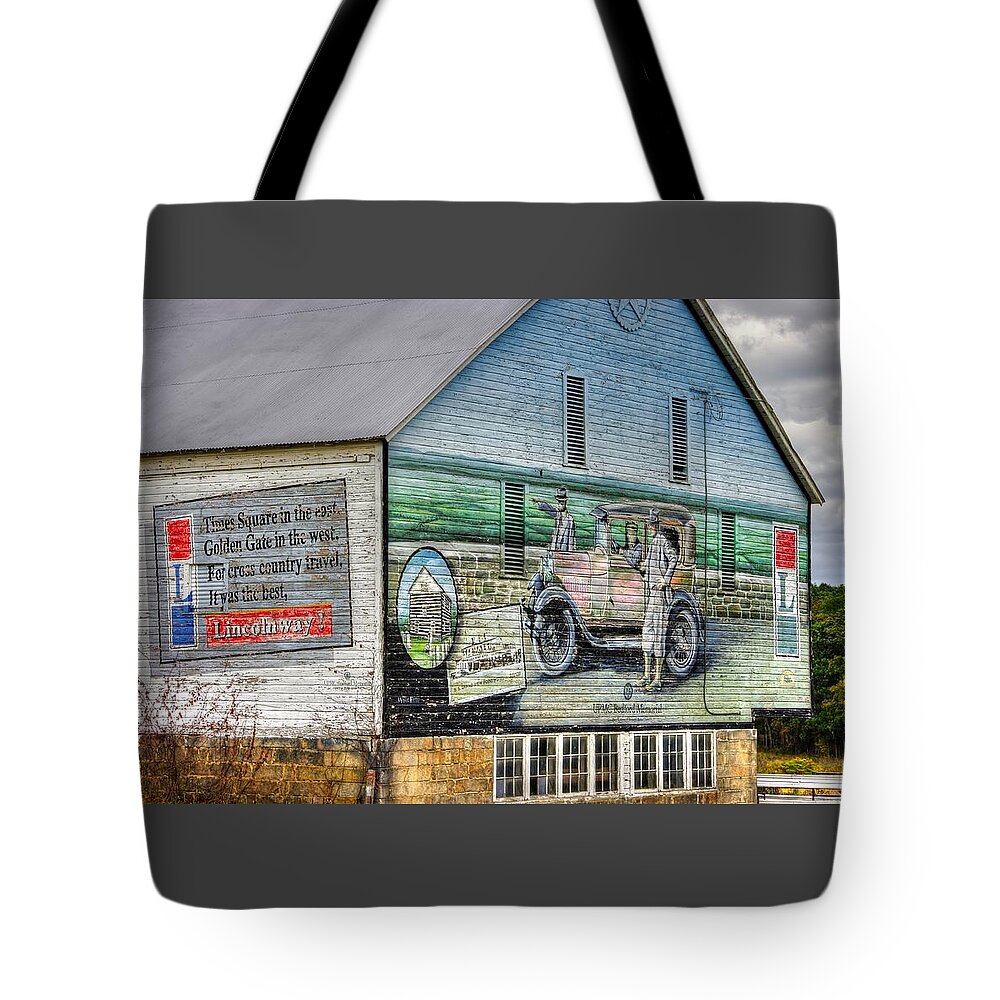 Lincoln Highway Tote Bag featuring the photograph The Lincoln Highway in Bedford County Pa - Barn Mural at Bison Corral Farm Near Schellsburg No. 2 by Michael Mazaika
