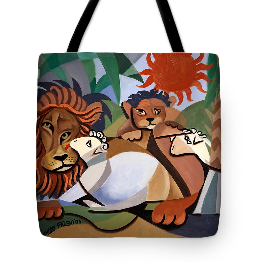 The Lion And The Lamb Tote Bag featuring the painting The Lion And The Lamb by Anthony Falbo