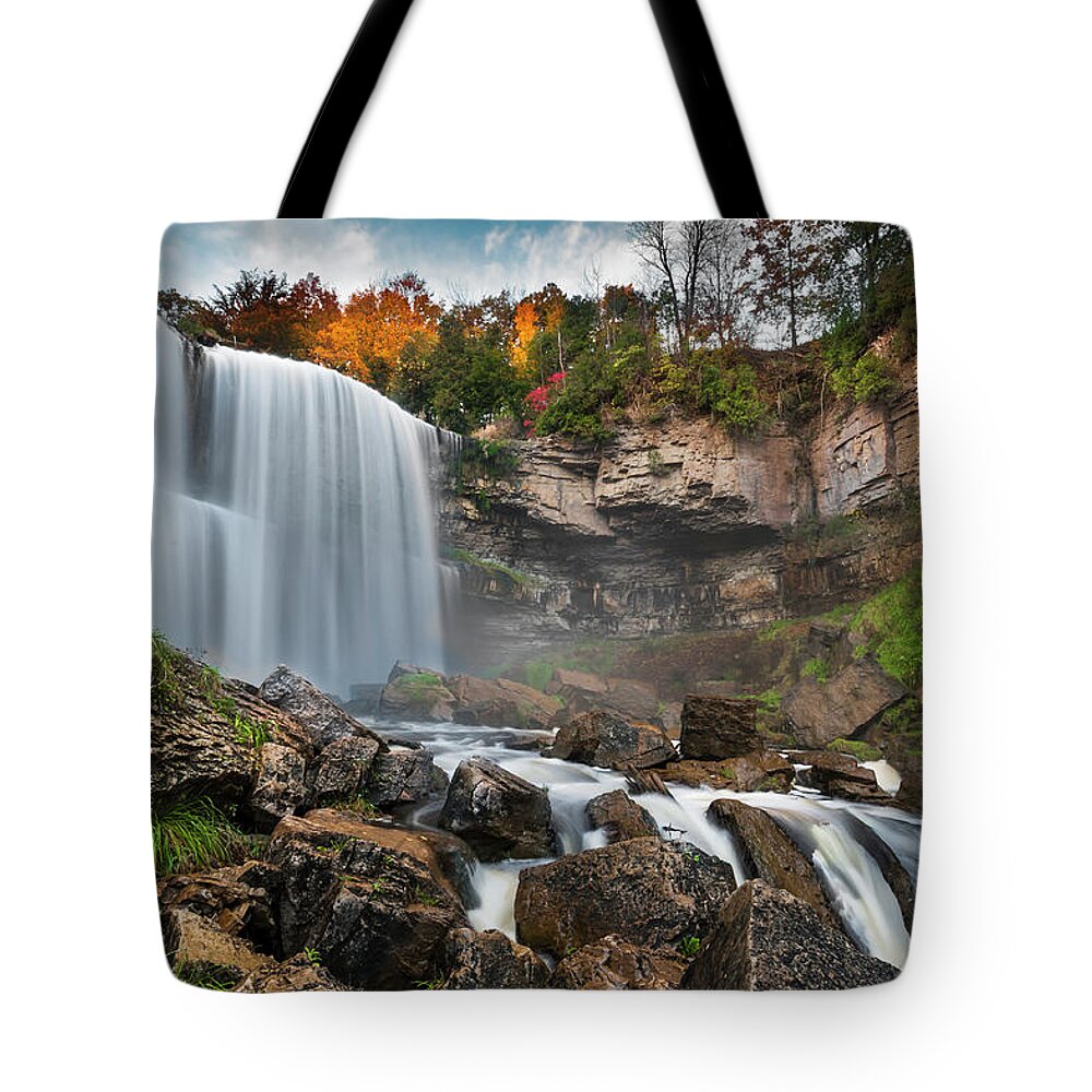 Outdoors Tote Bag featuring the photograph The Long Exposure Of Webster Falls by Naibank