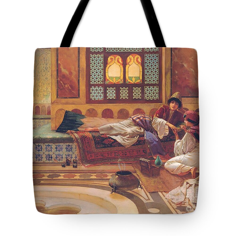 Manicure; Beauty; Spa; Treatment; Pampering; Leisure; Grooming; Female; Interior; Bath; Reclining; Nails; Nail Care; Exotic; Orientalist; Oriental; Tiles; Tiled; Stained Glass; Luxury; Opluent; Concubine; Odalisque; Harem; Relaxation; Manicurist; Beautician; Reclining Tote Bag featuring the painting The Manicure by Rudolphe Ernst