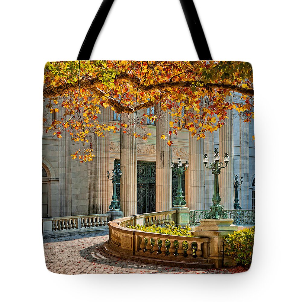 Newport Tote Bag featuring the photograph The Marble House in Autumn by Mitchell R Grosky