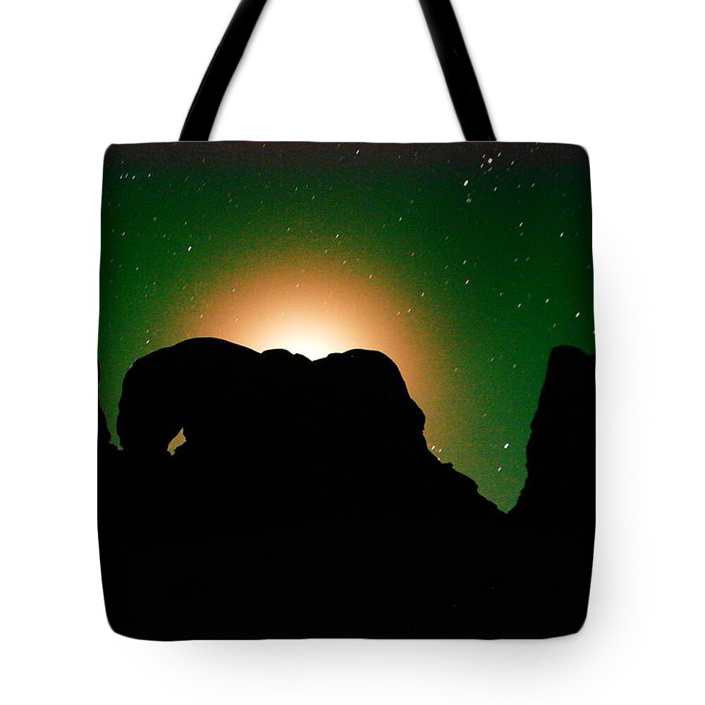 Night Tote Bag featuring the photograph The Moonlight Over Windows Arches National Park by Jeff Swan