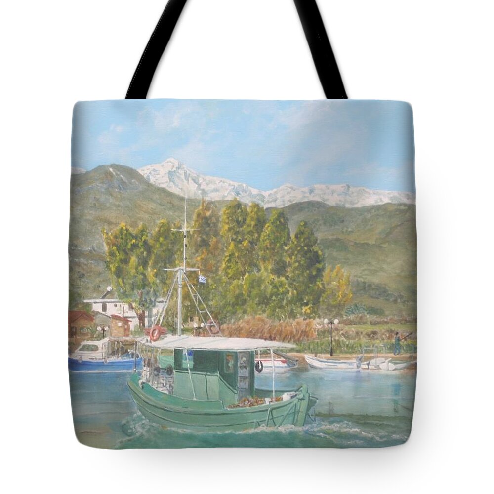 Greece Tote Bag featuring the painting The morning catch returns to Georgioupoli Crete by David Capon