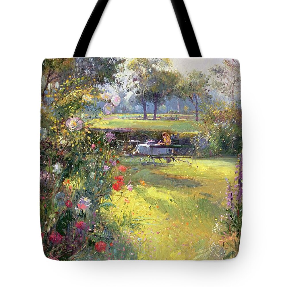 Writing; Garden Tote Bag featuring the painting The Morning Letter by Timothy Easton