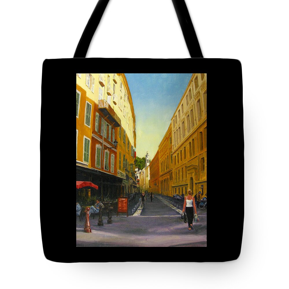 Nice Tote Bag featuring the painting The Morning's Shopping in Vieux Nice by Connie Schaertl