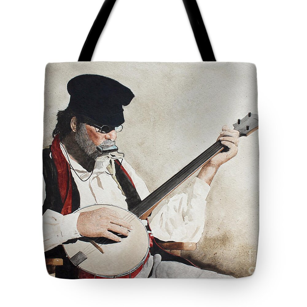 A Civil War Re-enactor Plays A Harmonica Tote Bag featuring the painting The Music Man by Monte Toon