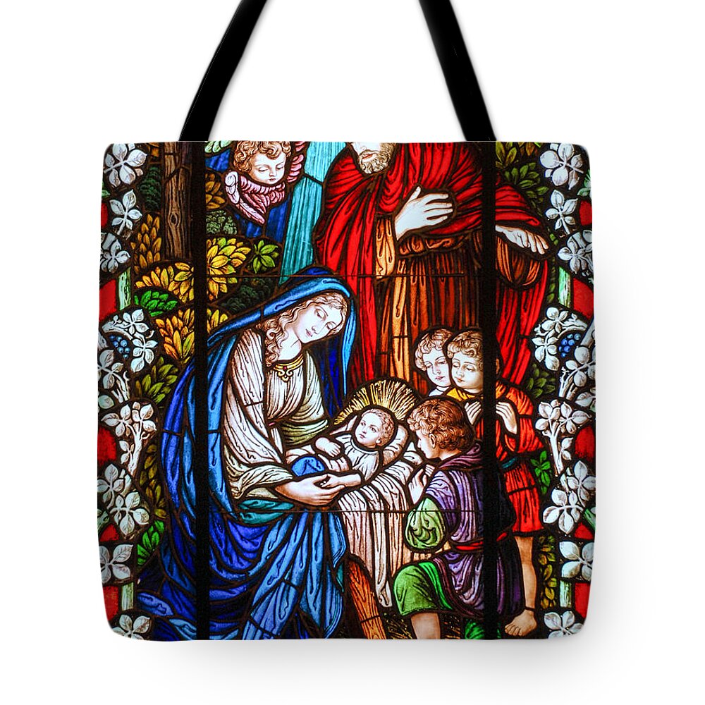 Stained Glass Window Tote Bag featuring the photograph The Nativity by Larry Ward