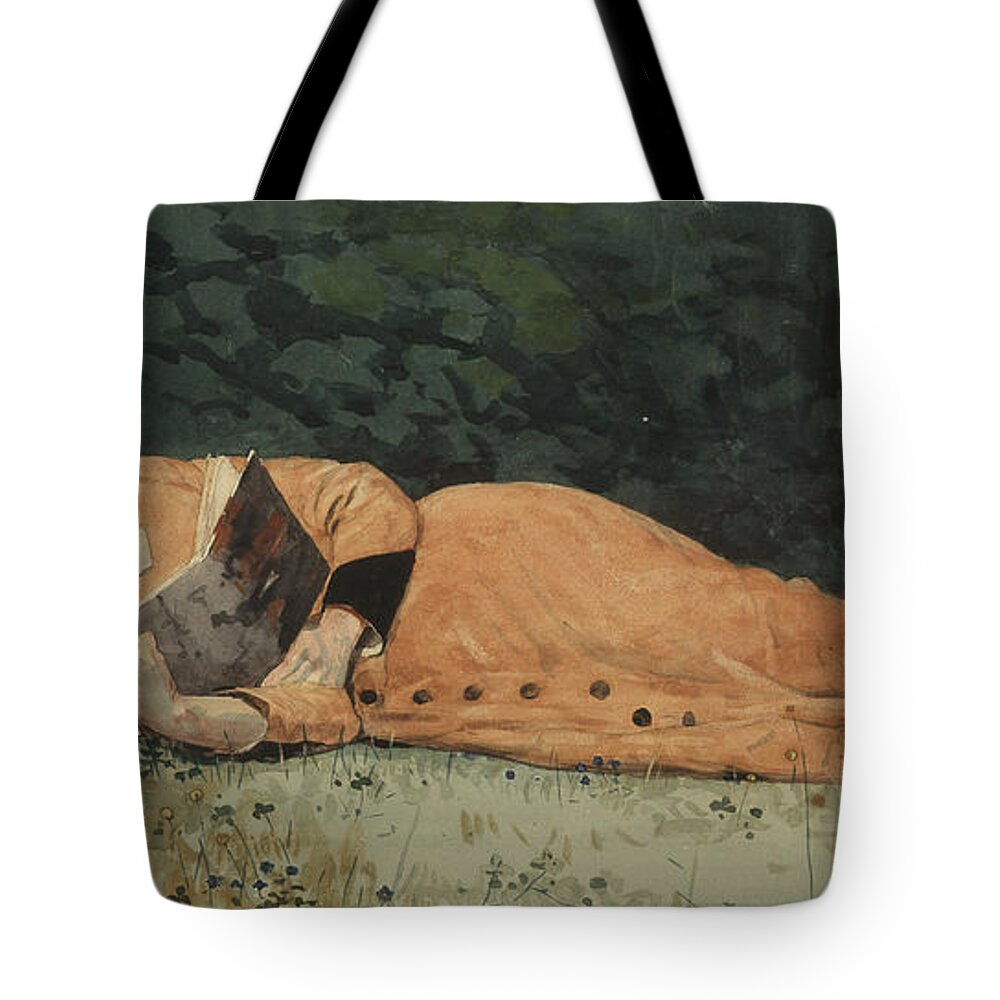 Winslow Homer Tote Bag featuring the painting The New Novel by Celestial Images