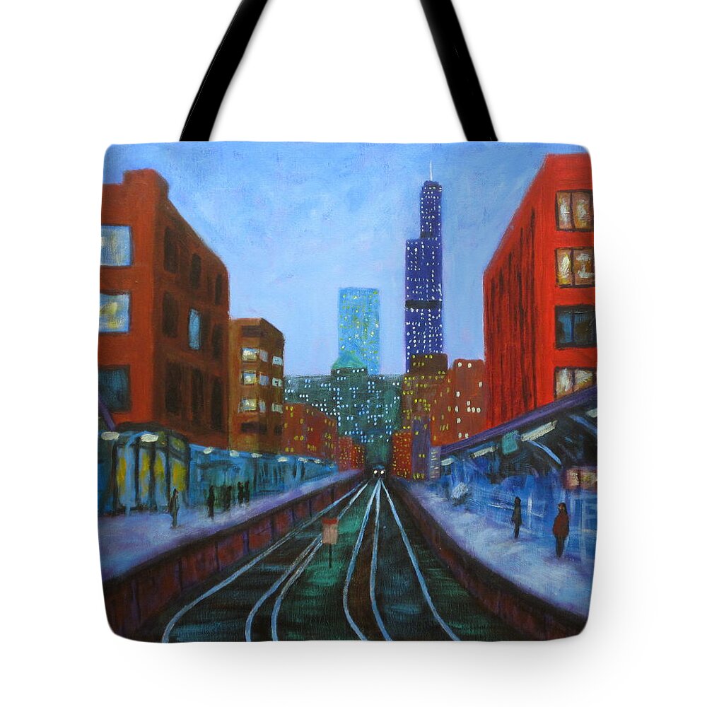 Chicago Art Tote Bag featuring the painting The Next Train by J Loren Reedy